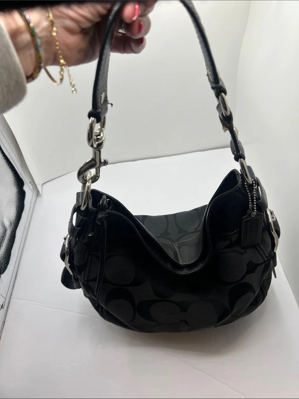 Coach Zoe Signature Hobo / Shoulder Bag in Black & Grey Signature Canvas -12657